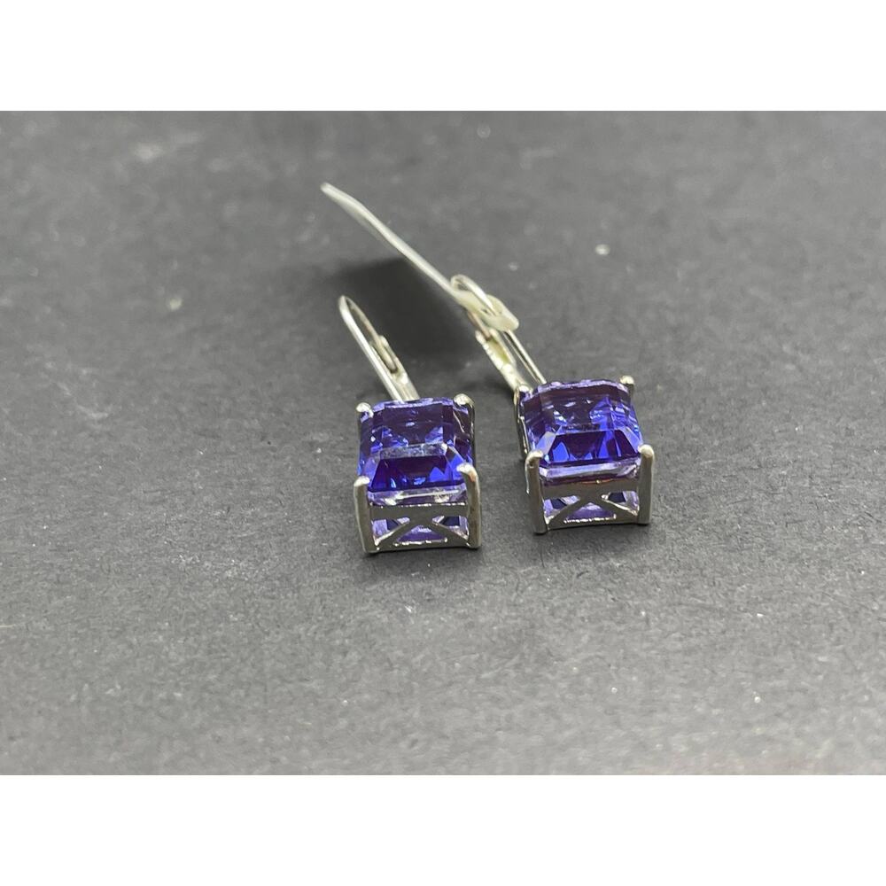 925 Sterling Silver Rectangle Dangle Earrings Blue Gemstone Leverback Jewelry - Picture 6 of 8